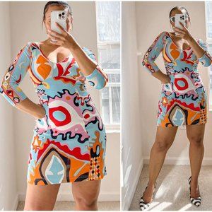 EMILIO PUCCI Multicolor Abstract Printed Long Sleeve Mini Dress Size 8